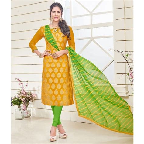 Jacquard Yellow Semi Stitched Churidar Suit Rs19972 Dress Indian