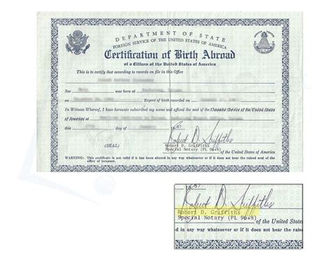 80´s Consular Certificate Of Birth Abroad Signed By Robert D Griffiths Birth Certificate