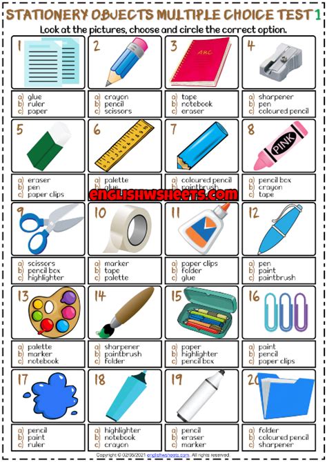 Stationery Objects Esl Printable Multiple Choice Tests