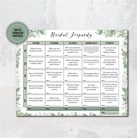 Bridal Jeopardy Game Printable Template Digital Print Bridal Jeopardy