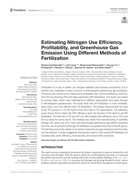 Pdf Estimating Nitrogen Use Efficiency Profitability And Greenhouse