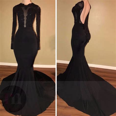 Custom Made Backless Black Long Sleeve Prom Dress For Black Girls