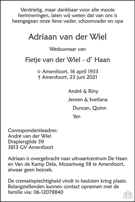 Adriaan Van Der Wiel 23 06 2021 Overlijdensbericht En Condoleances