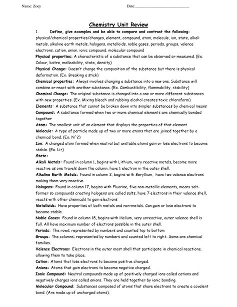 Grade Chemistry Review Completed Name Zoey Date