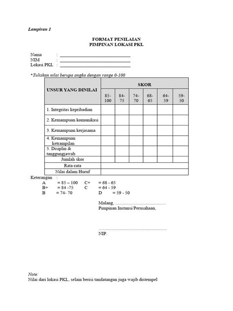 Form Penilaian Pkl Lengkap Pdf