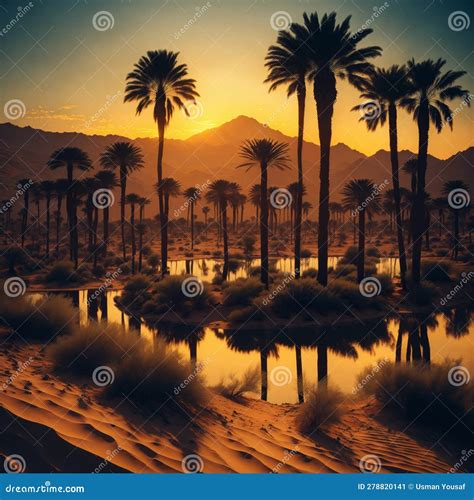 Ai Generated A Serene Desert Oasis With Lush Palm Trees And A Sparkling