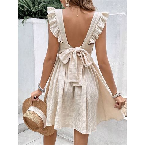 Lovito Women Boho Plain Bow Back Ruched Dress Lbl Shopee Philippines