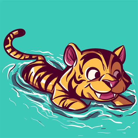 Digital art of a small tiger learning to swim in a pool. Wild animal ...