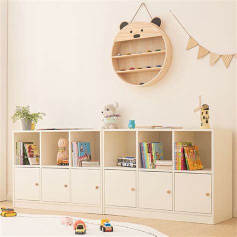 White Wood Baby And Kids Bookcase With Hinged Doors And Horizontal