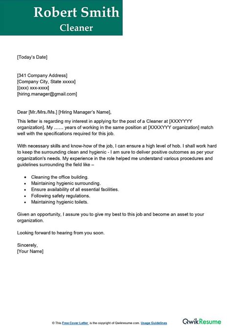 Cover Letter For Cleaning