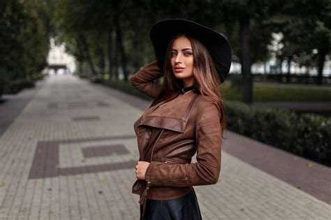 Portrait Leather Jackets Brunette Veronika Avdeeva Standing Park