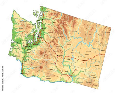 Highly detailed Washington physical map with labeling. Stock Vector ...