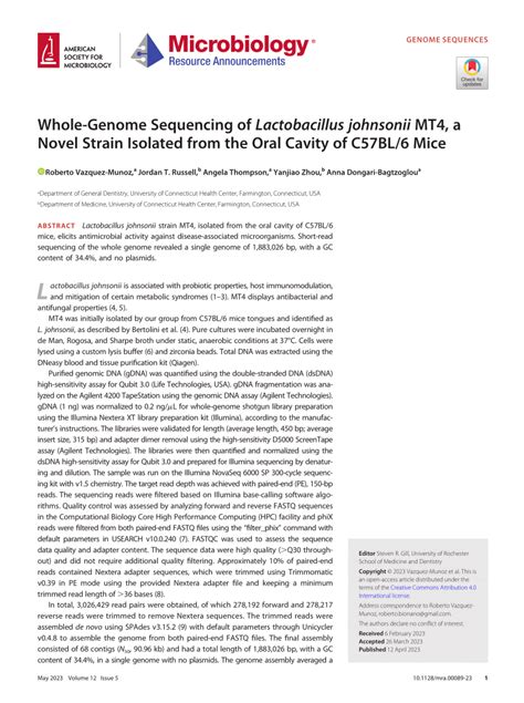 PDF Whole Genome Sequencing Of Lactobacillus Johnsonii MT4 A Novel