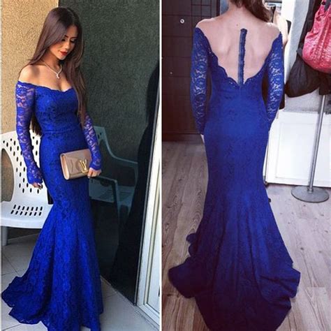 Royal Blue Mermaid Prom Dresses V Neck Off Shoulder Illusion Long