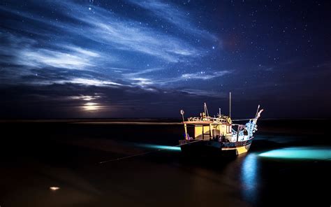 Boat Stars Night Moonlight Ocean HD wallpaper | nature and landscape | Wallpaper Better