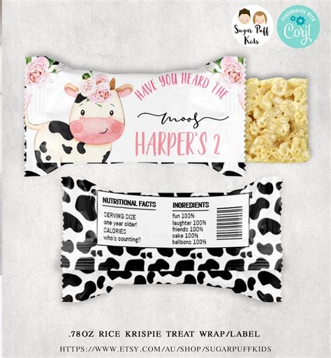 Printable Cow Rice Krispie Treat Wrap Label Wrappers Girls Etsy