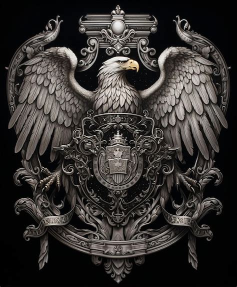 Intricate Black And White Coat Of Arms Featuring A Powerful Eagle With