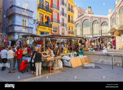 Valencia Market Spain View In Summer Of Women Shopping At Stalls In