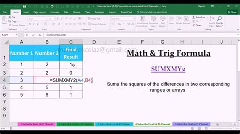 Sumxmy2 Math And Trig Function With Examples In Ms Office Excel