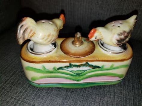 Vintage Nodder Rooster Chicken Salt Pepper Shakers W Condiment Japan