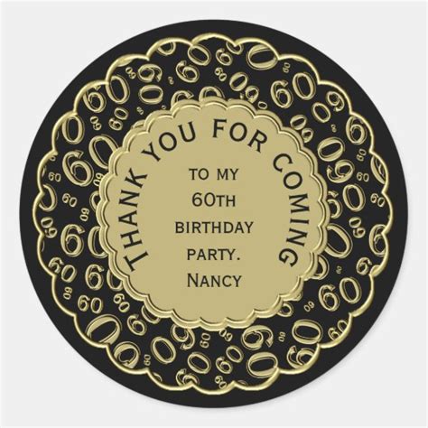 Thank You 60th Birthday Number Pattern Black Gold Classic Round Sticker