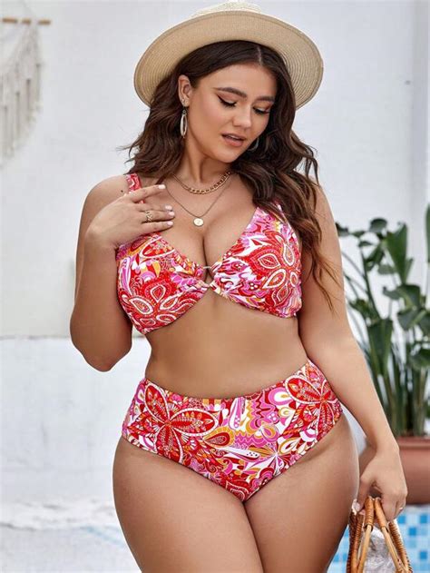 Shein Swim Vcay Plus Floral Print Ring Linked Bikini Swimsuit Shein Usa