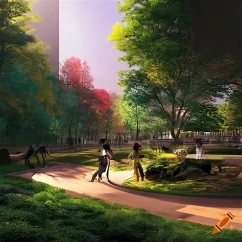 Modern Urban Park Design With Green Spaces And Recreational Areas On