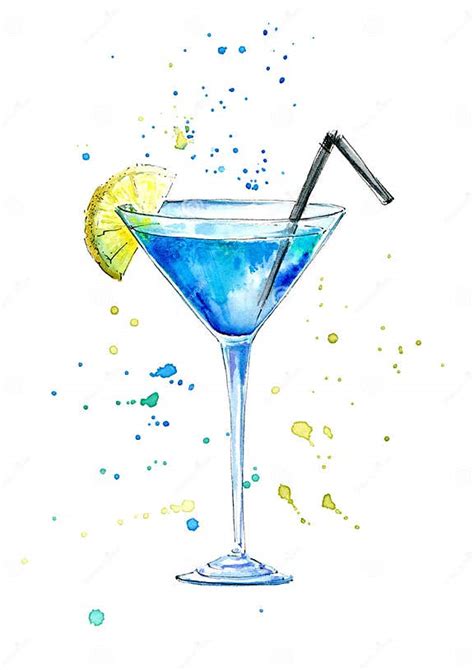 Glass Of A Blue Lagoon Cocktail And Splashmartini Liquor And Vodka Ingredients Stock