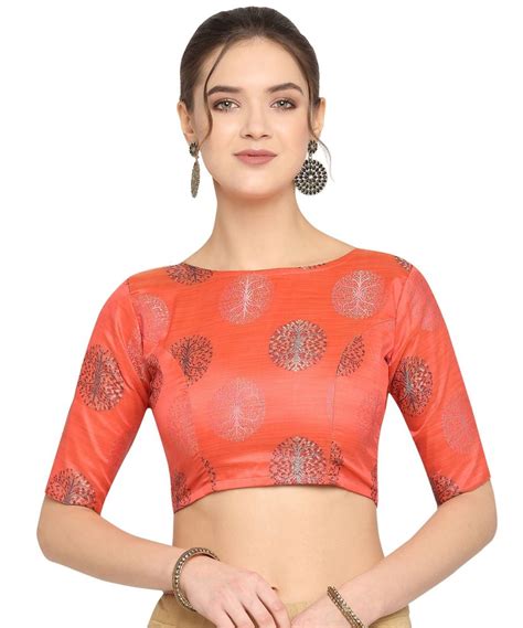 Orange Base Women Half Sleeves Motifs Printed Jacquard Readymade