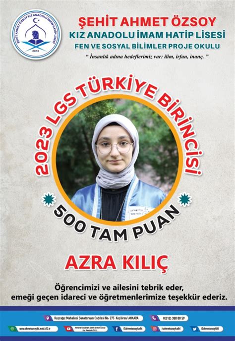 2023 LGS TÜRKİYE BİRİNCİSİ ÖĞRENCİMİZ AZRA KILIÇI KUTLUYORUZ Şehit