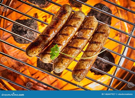 Grilled Sausages On Hot Grill From Above Stock Image Image Of Barbecue Charcoal 146447927