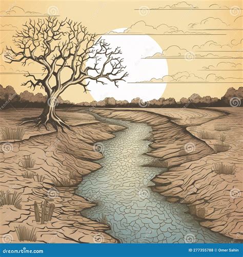 Water Scarcity - Image of Dry Riverbed or Lake Stock Illustration