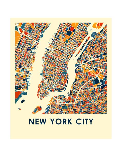 New York City Map Print Full Color Map Poster Etsy