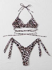 Leopard Print Crisscross Halter Bikini Swimsuit Shein