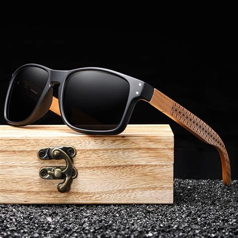 Bamboo Wood Detail Trend Sunglasses Black Sonnenbrille Brille