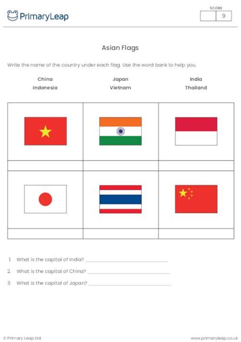 Geography Naming Asian Flags Worksheet Uk