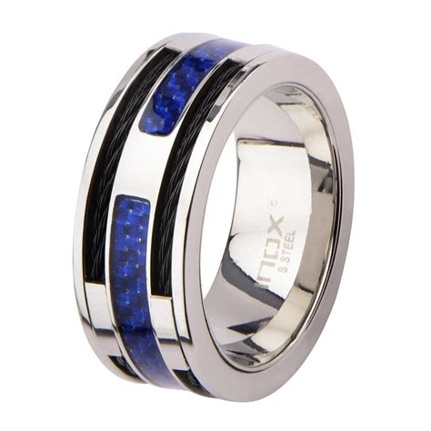 Buy Silver Stainless Steel Black Cable And Blue Carbon Fiber Ring Online Inox Jewelry Inox