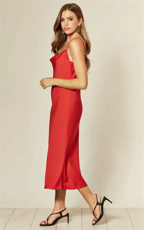 Cowl Neck Satin Slip Cami Midi Dress In Red Hoxton Gal Silkfred