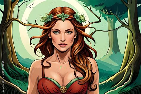 Beautiful Dryad Goddess In Forest Dryad Goddess Merging With A Magical