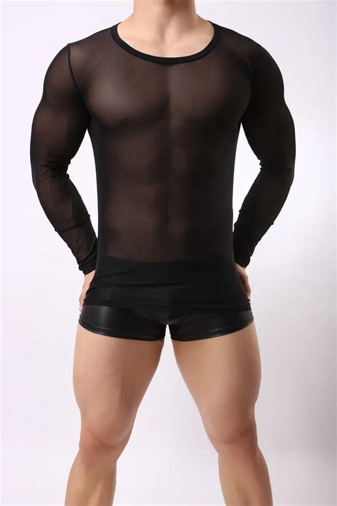 Clubwear Long Sleeve Mesh Men T Shirt Stretchy Sheer Man See Through