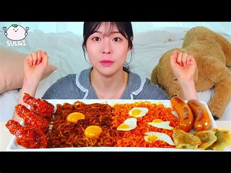 Asmr Mukbang Black Bean Noodles And Fire Noodles Seasoned Chicken Frank Sausage Fried Dumplings