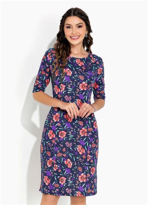 Rosalie Vestido Floral Marinho Tubinho Moda Evangélica