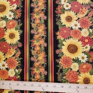 Large Sunflowers Stripes Harvest Floral Metallic 100 Cotton Fabric