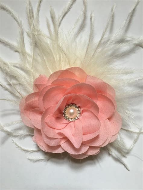 Items Similar To Peach Flower Clip Peach Feather Fascinator Bridal