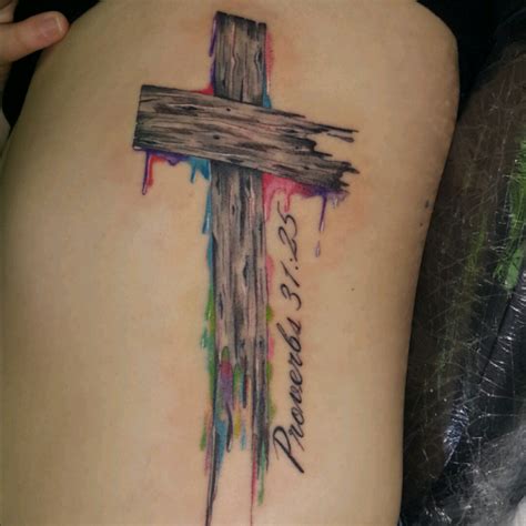 Wooden Cross With Rose Tattoo