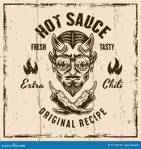 Hot Sauce Vector Emblem Badge Label Or Prints With Devil Head And Crossed Chili Peppers