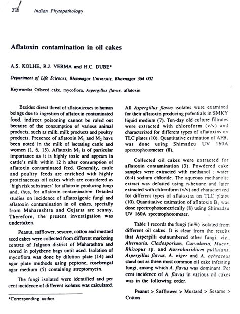 Pdf Aflatoxin Contamination In Oil Cakes