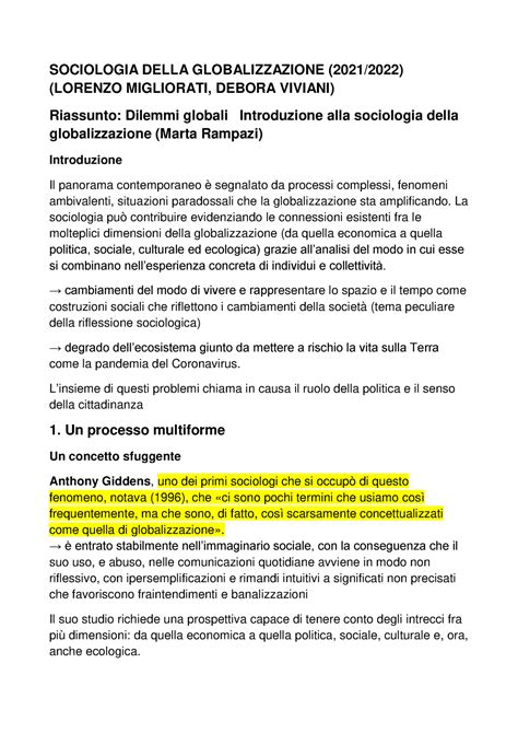 Riassunto Dilemmi Globali Introduzione Alla Sociologia Della