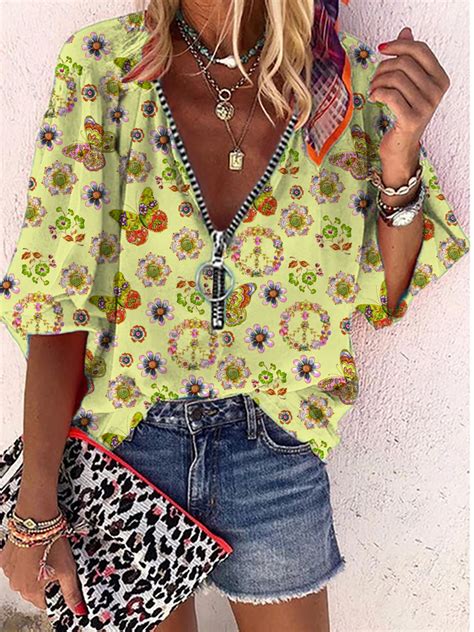 Plus Size Boho Printed Shirts And Tops Noracora