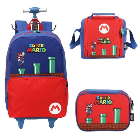 Mochila Infantil Rodinhas Super Mario Lancheira E Estojo Pratica